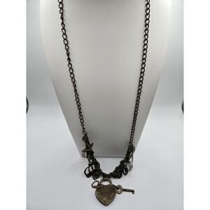 Antique Bronze Charm Necklace Heart Lock Key Crown Star Green Ribbon Boho 28in